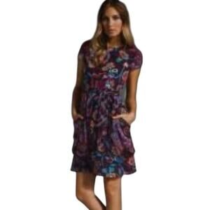 Nanette Lapore   Size  6  Plum Floral Silk Sheath Dress with Pockets Cap Sleeve